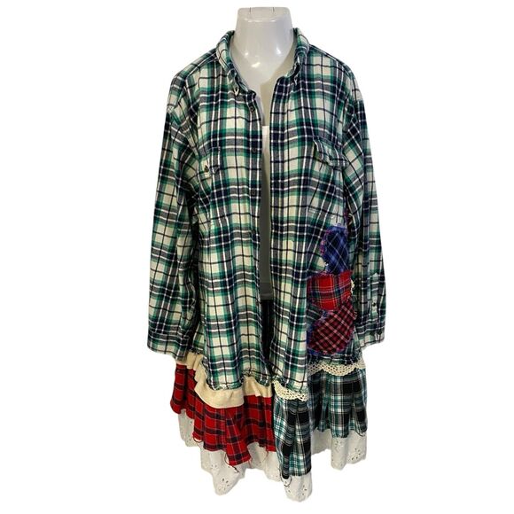 Flannel Shirt Womens 3X Duster Shacket Green Cottage Grunge Art Upcycle Peasant - Picture 9 of 16